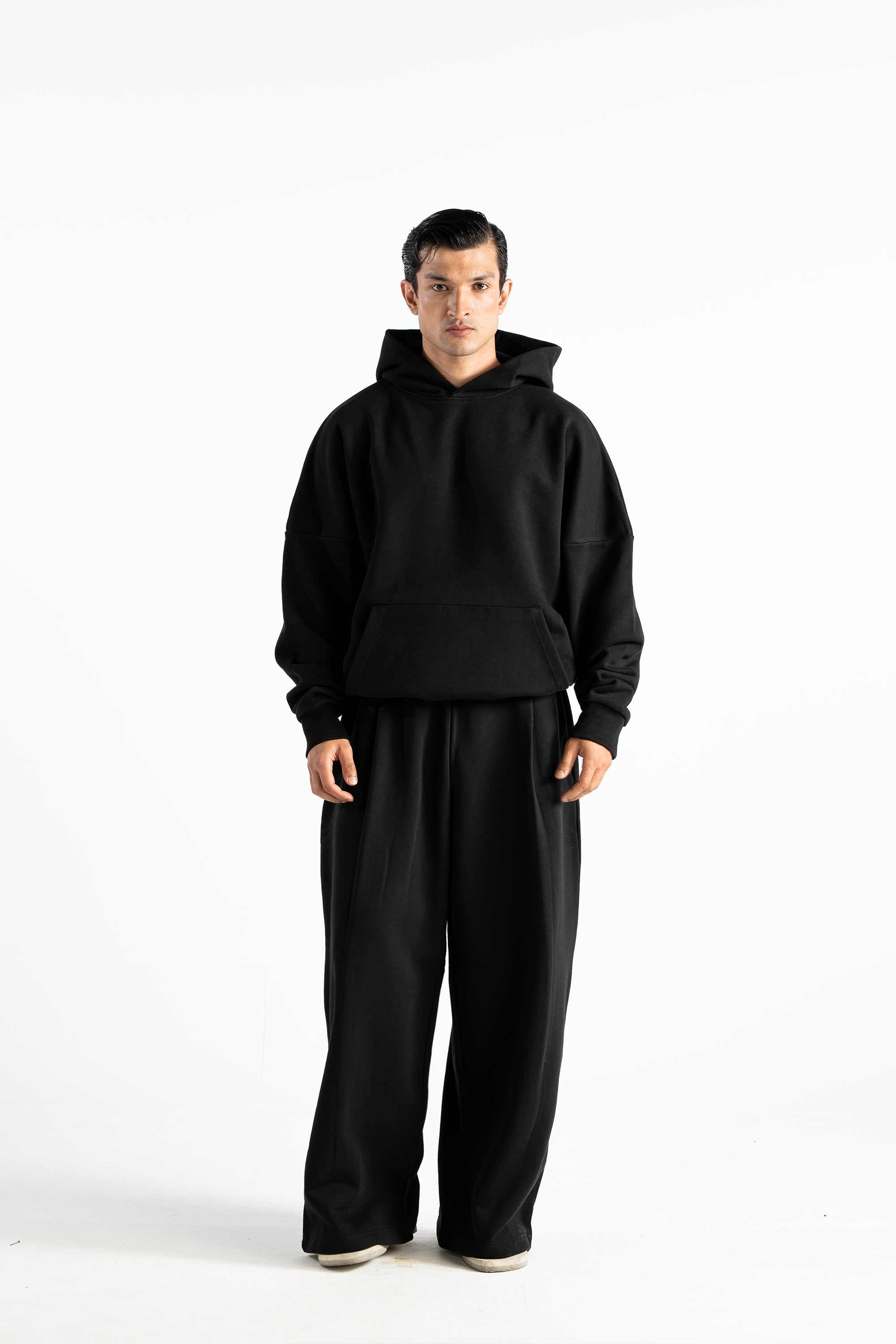 Ultra Heavy 520GSM GOTS Organic Hoodie+Baggy Pleat Sweats Midnight Black