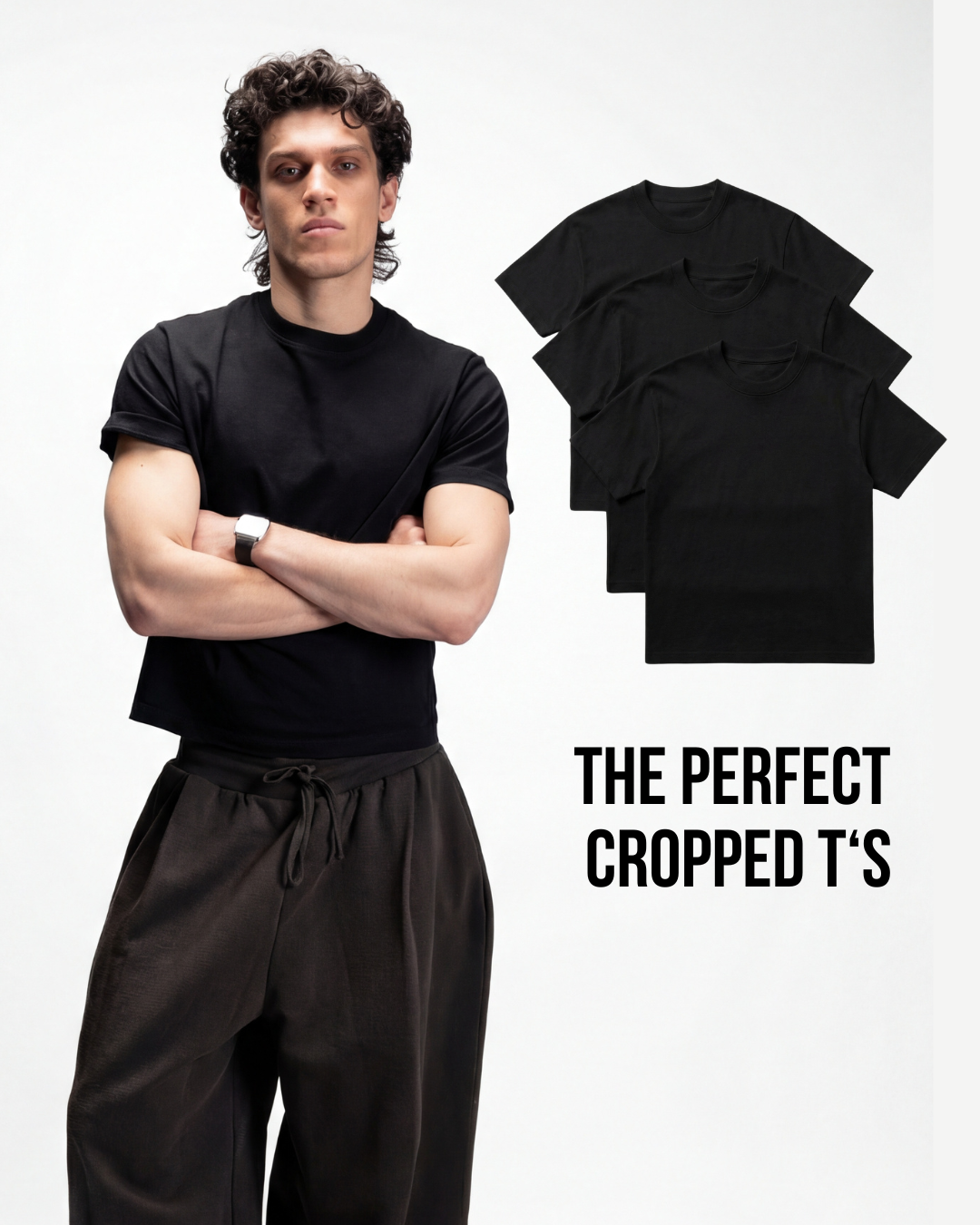 S32 Organic Standard Fit Cropped Tees, Black 3-Pack