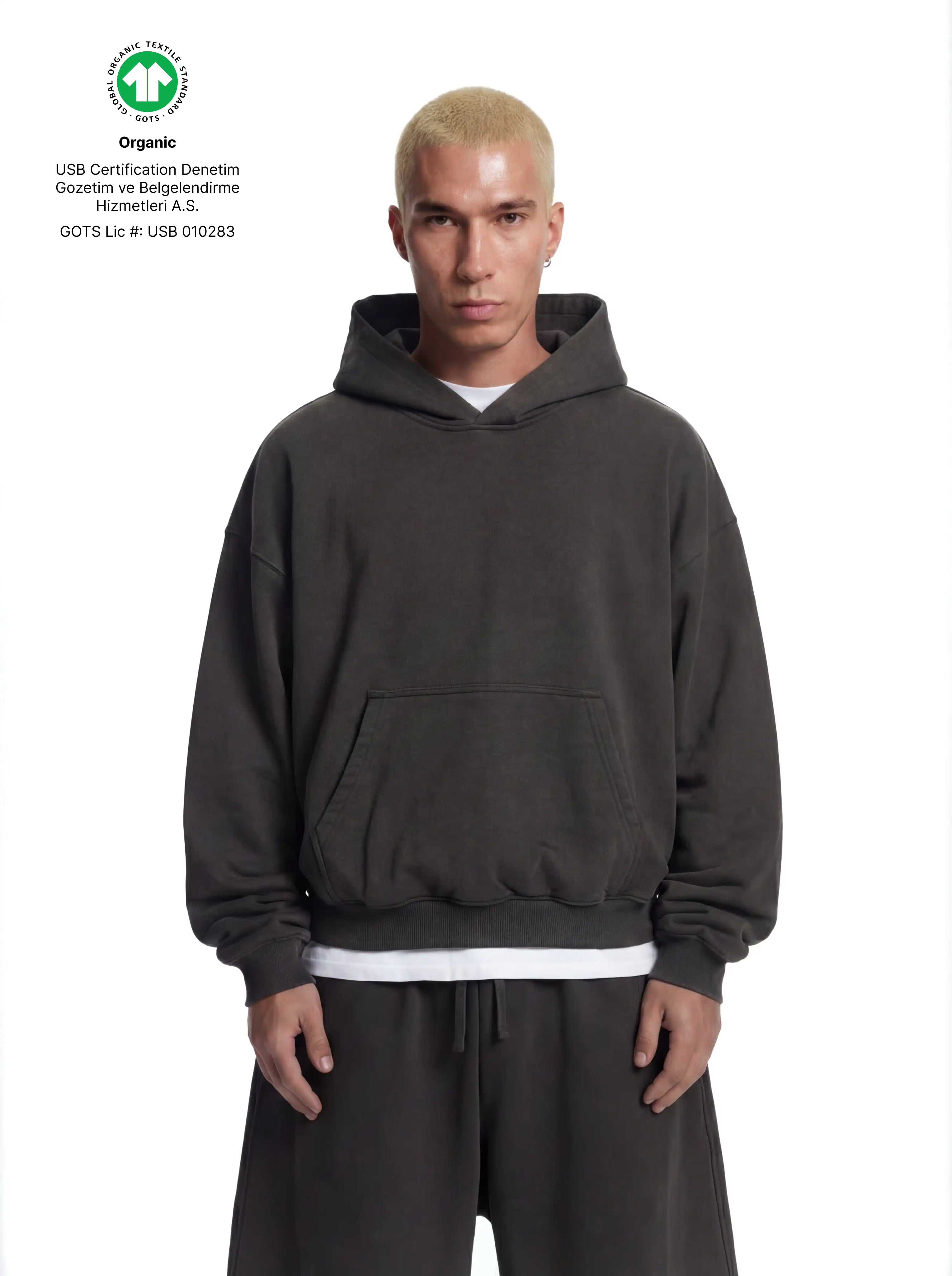 Cropped Hoodie, 530GSM, Organic Cotton - Volcanic Ash