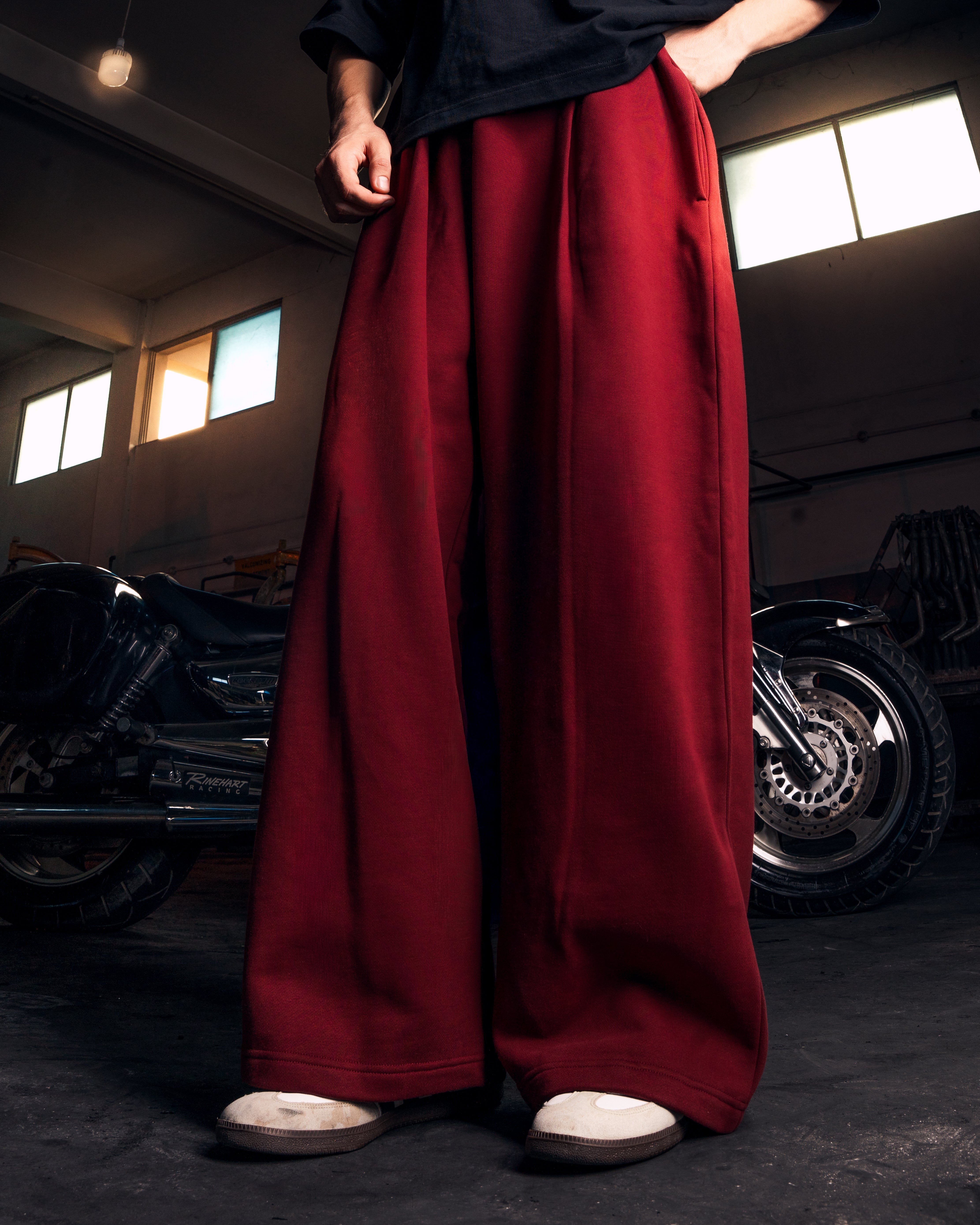 Y33 Designer Pleated Organic Sweatpants — 520GSM, Baggy Oversized, Maroon
