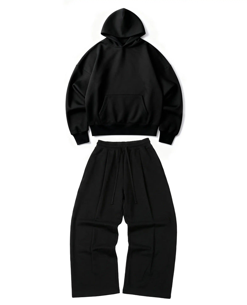 Ultra Heavy 520GSM Organic Hoodie+Baggy Pleat Sweats Midnight Black
