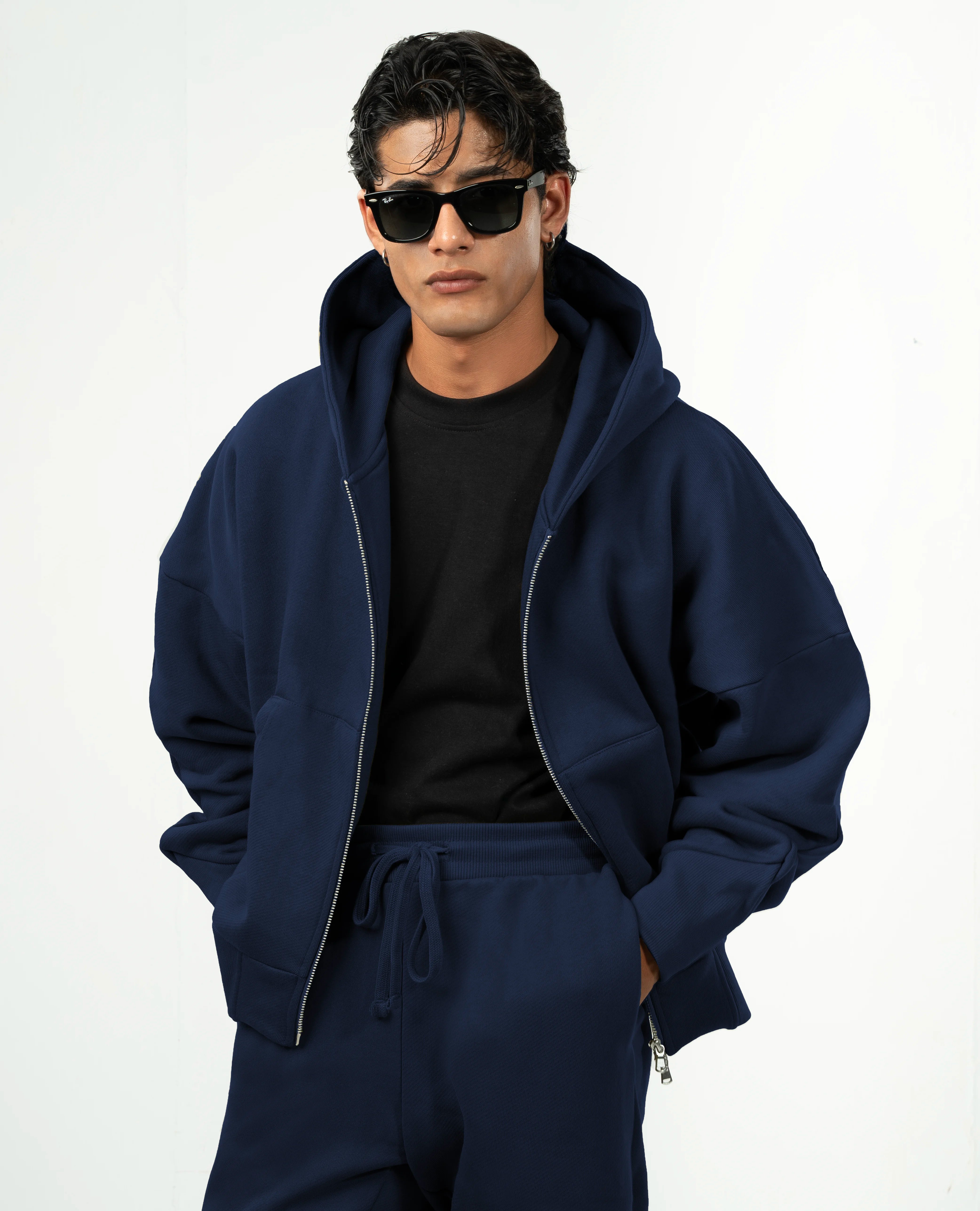 Y30 Ultra Heavy Organic Double Zip hoodie, Deep Navy Blue