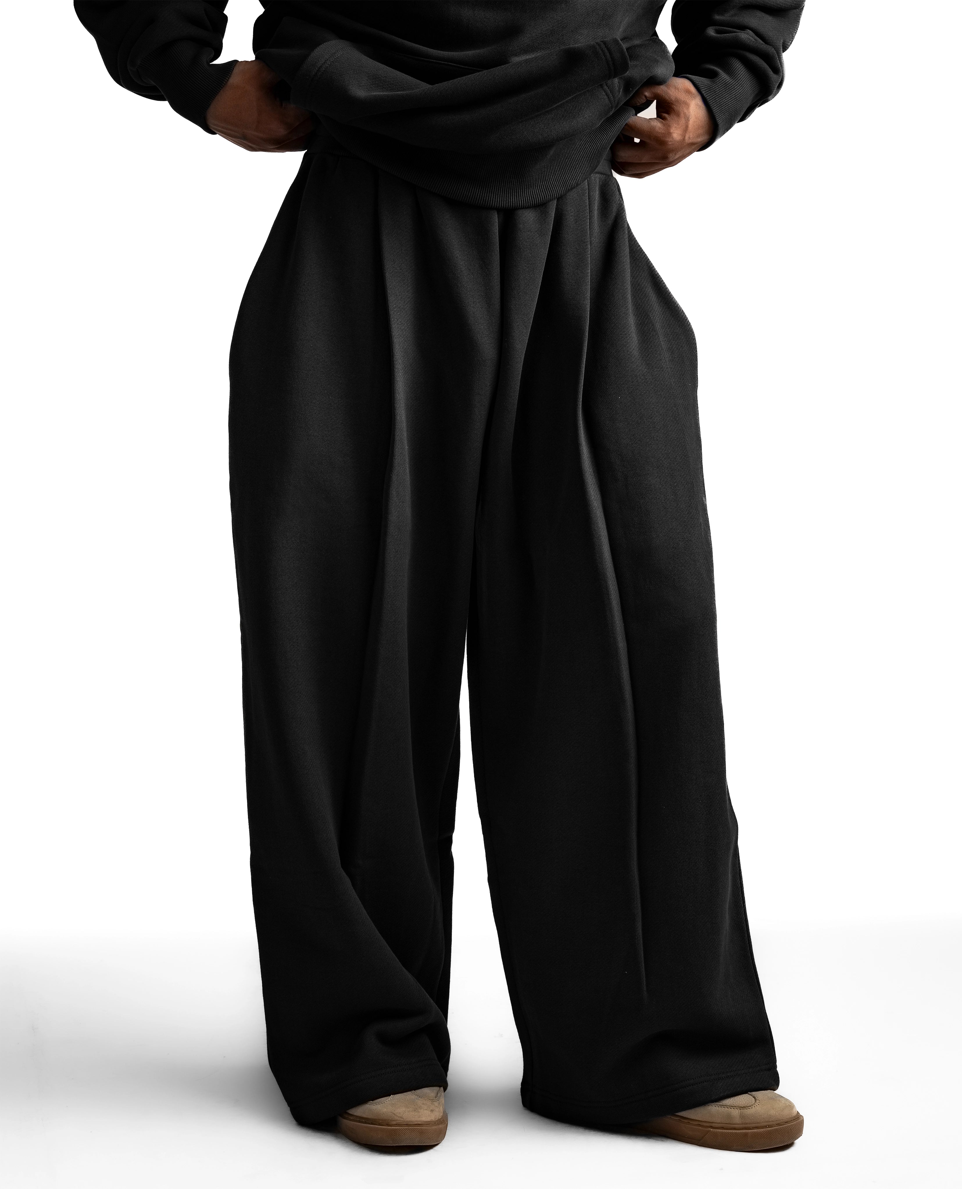 Y33 Designer Pleated Organic Sweatpants — 520GSM, Baggy Oversized, Black (shipping after Dec.20th)