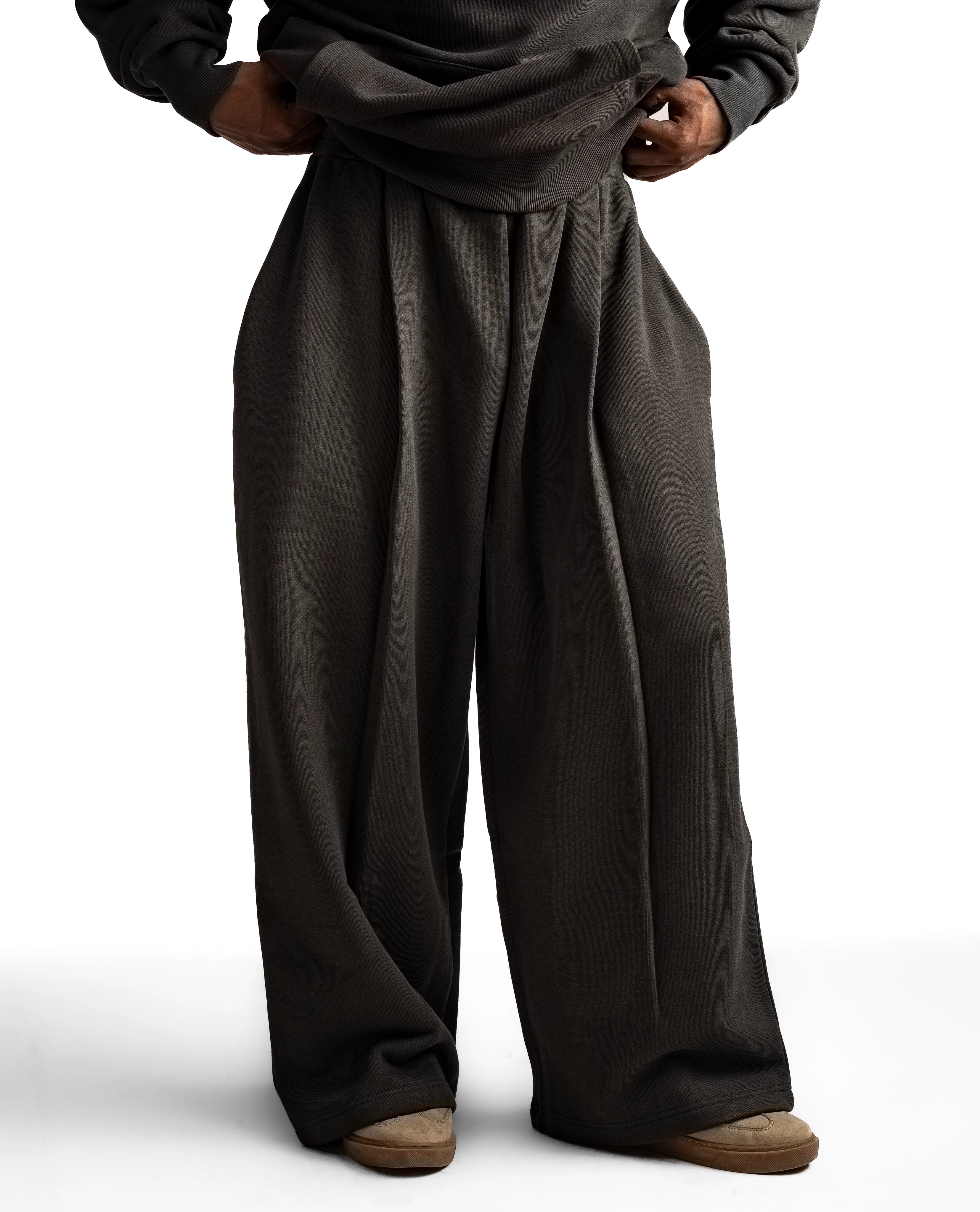 Y33 Designer Pleated Organic Sweatpants — 520GSM, Baggy Oversized, Volcanic Ash