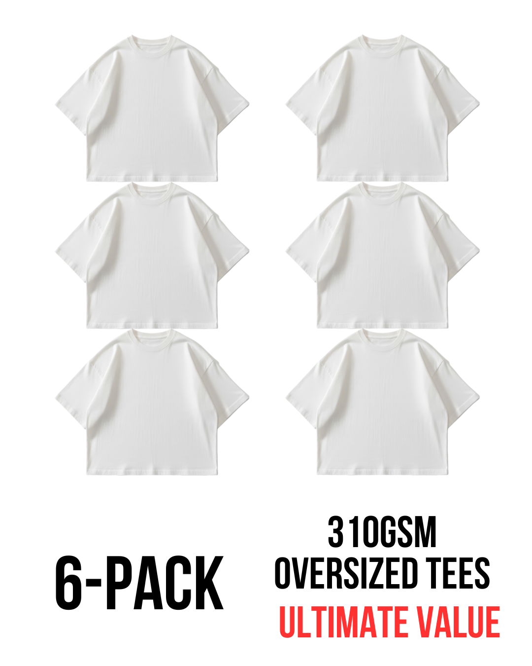 6-PACK Oversize Organic Tees 310GSM - White