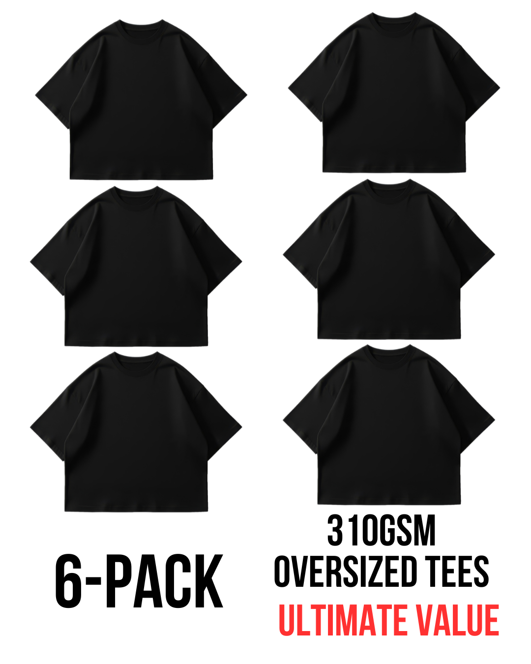 6-PACK Oversize Organic Tees 310GSM - Black