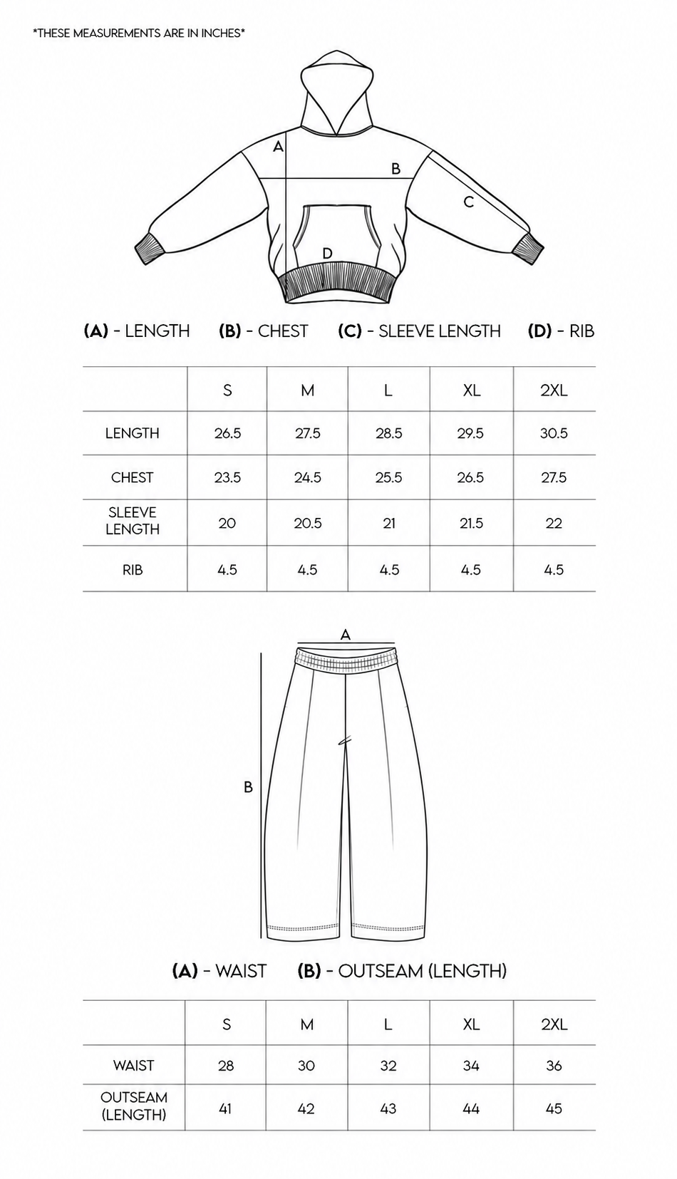 Ultra Heavy 520GSM Organic Hoodie+Baggy Pleat Sweats Midnight Black (Preorder) size chart
