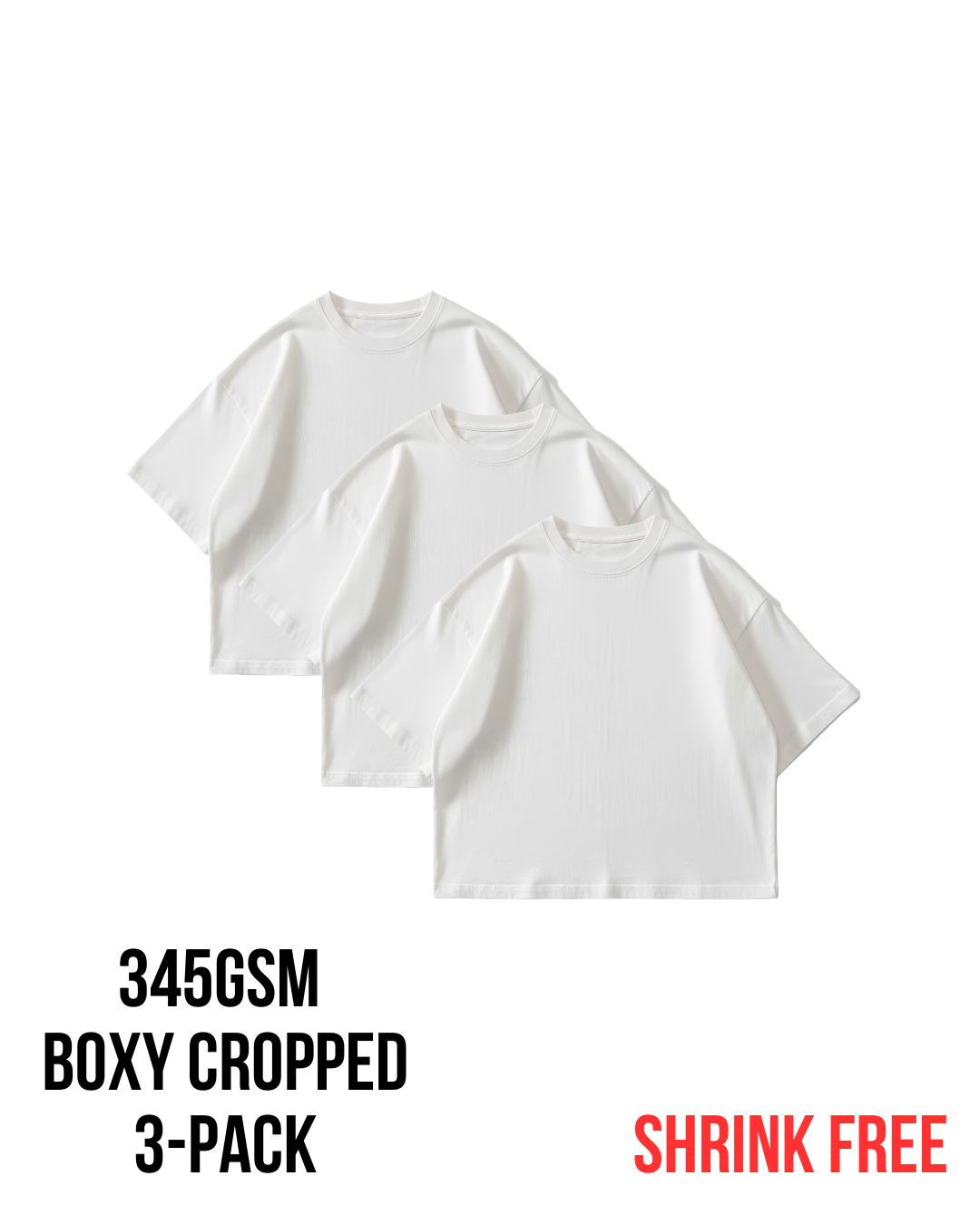 TP34 Boxy Cropped 3-Pack, Heavy 345GSM Organic Cotton - White (PREORDER)