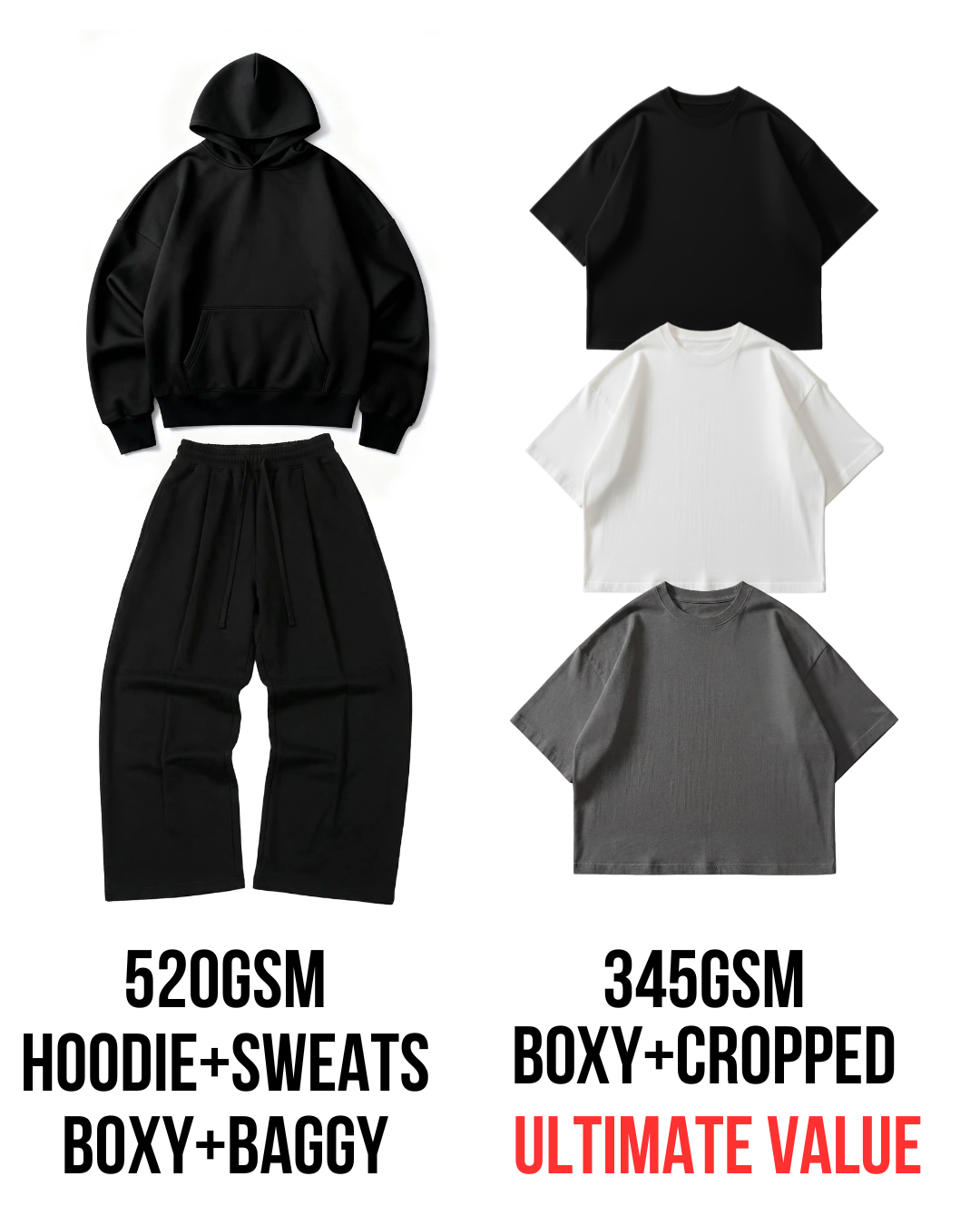 Ultimate Organic Bundle, 520GSM Sweatsuit + 345GSM Boxy tees, 50% Savings [Black](PREORDER)