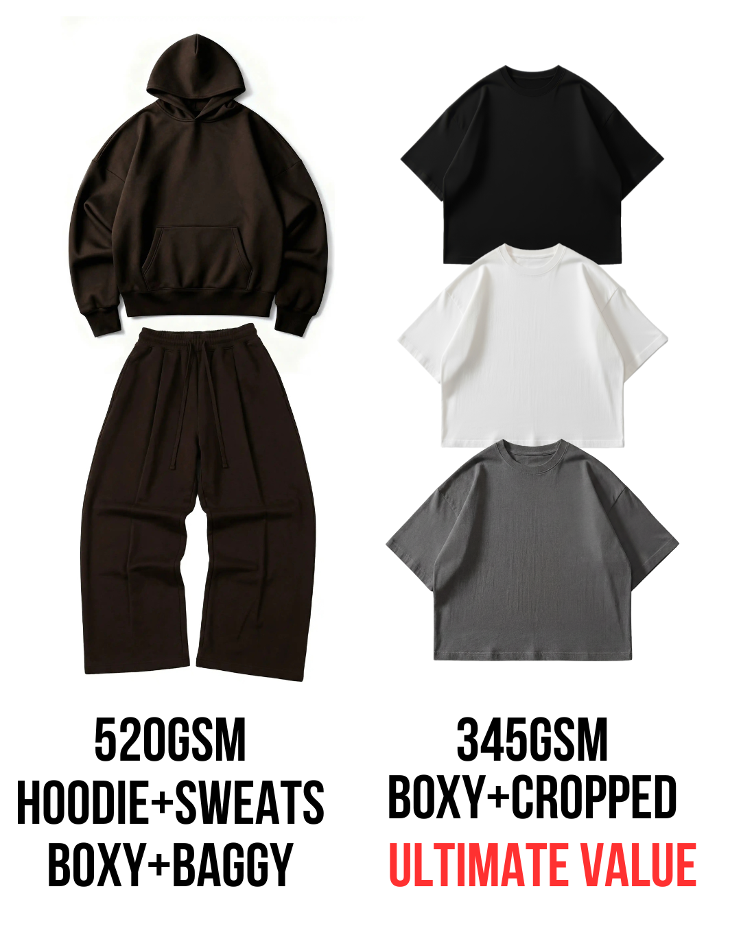 Ultimate Organic Bundle, 520GSM Sweatsuit + 345GSM Boxy tees, 50% Savings [Mocha](PREORDER)