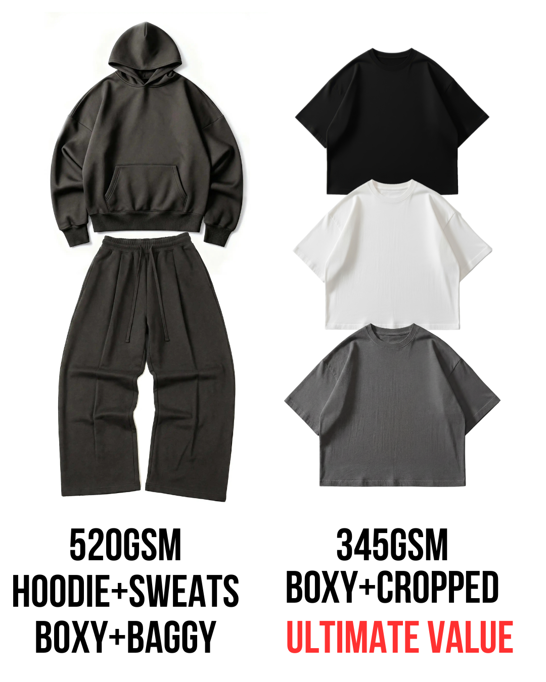 Ultimate Organic Bundle, 520GSM Sweatsuit + 345GSM Boxy tees, 50% Savings [Volcanic Ash](PREORDER)