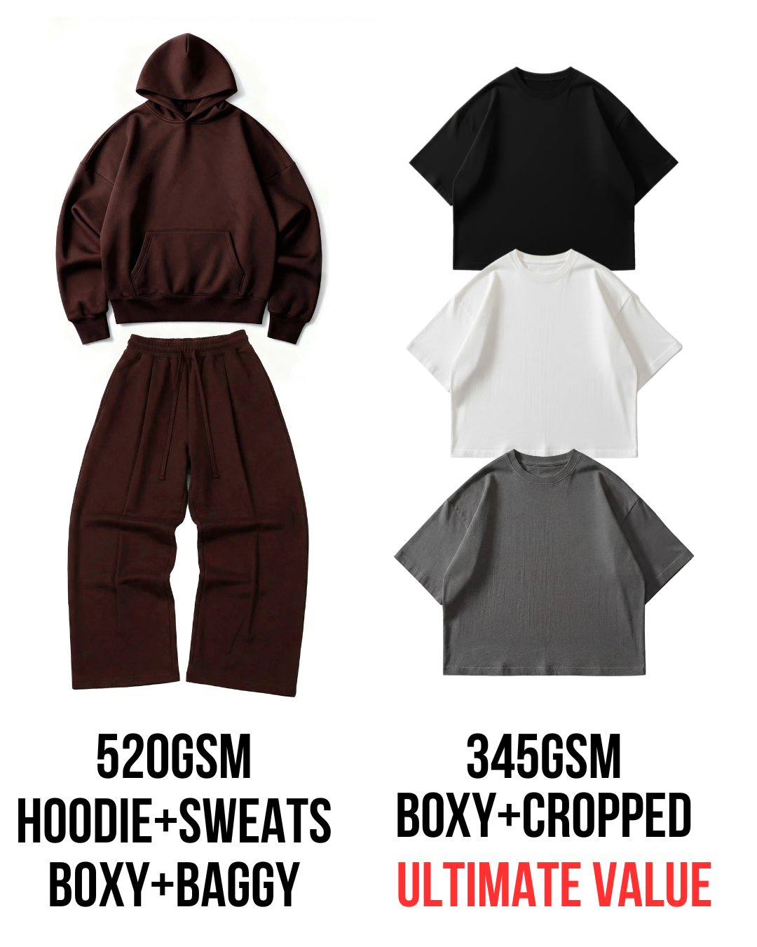 Ultimate Organic Bundle, 520GSM Sweatsuit + 345GSM Boxy tees, 50% Savings [Maroon]