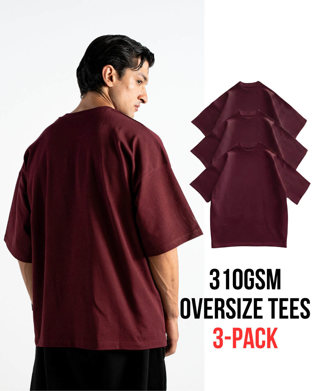 T32 Organic Heavy T-Shirt, Maroon 3-PACK - 310GSM