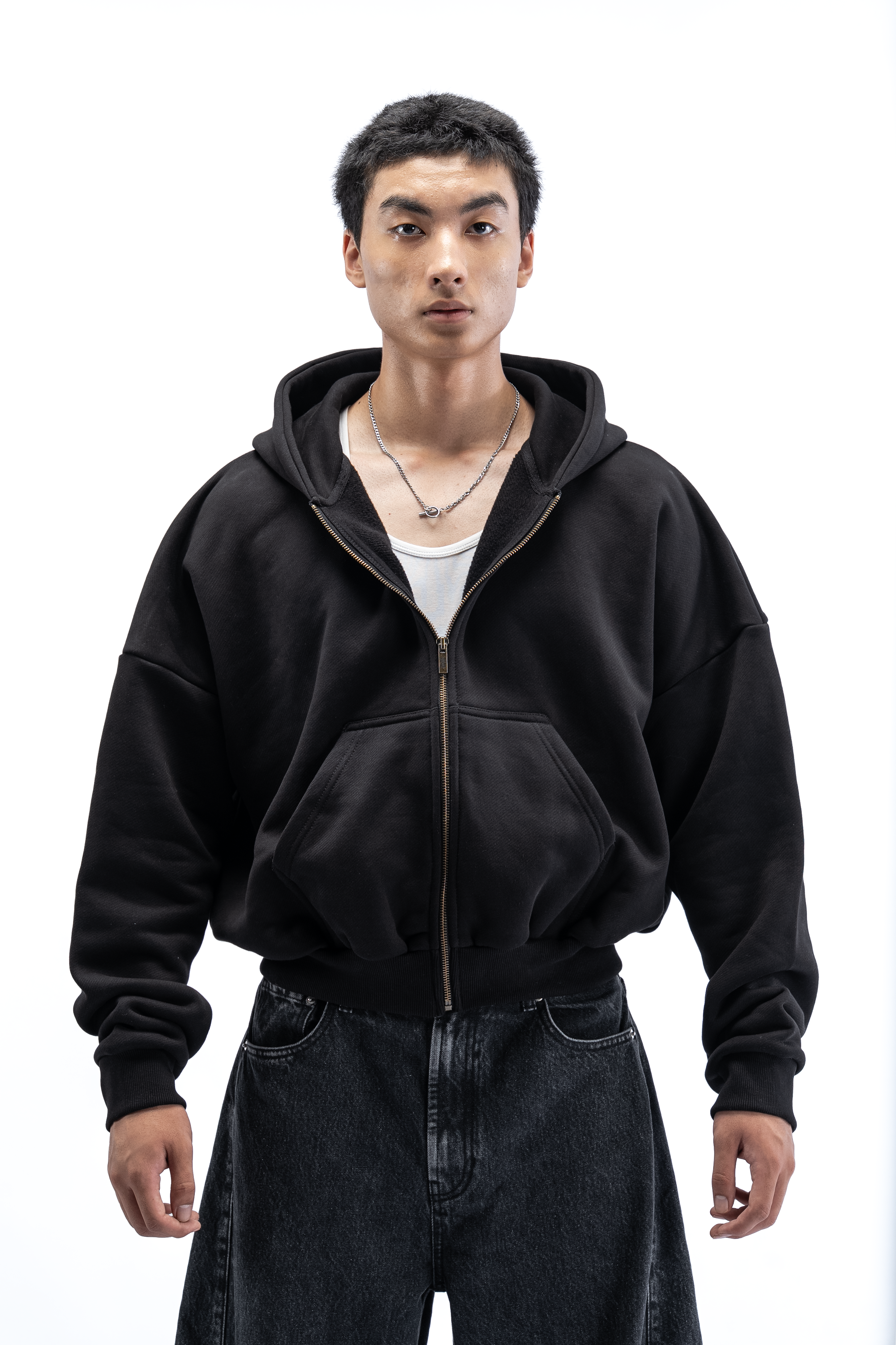 Heavy Pima Fleece Cropped Zip - Black (PREORDER)