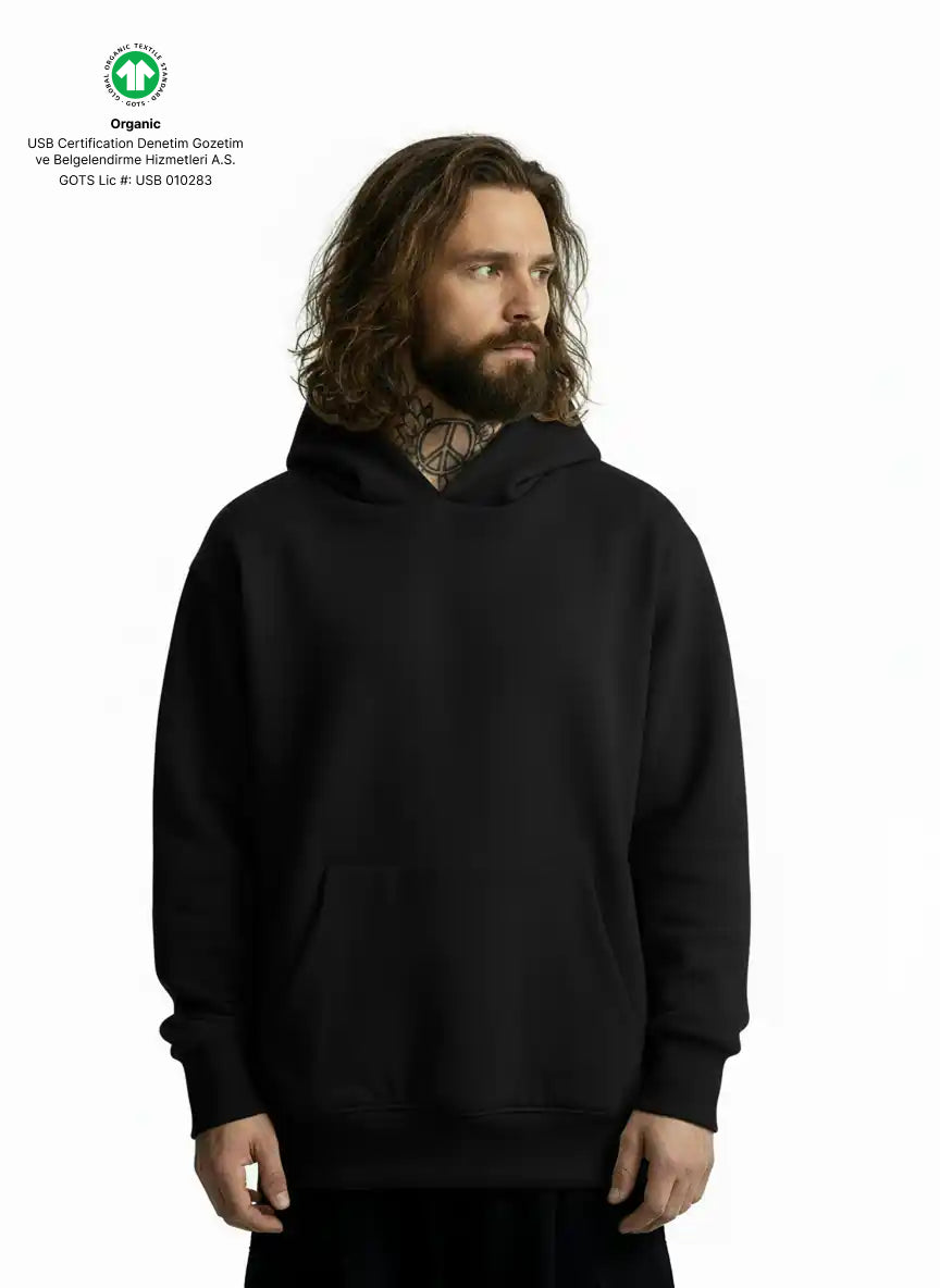 CX27 Standard-Fit Hoodie 500 GSM Custom French Terry, Organic Cotton, Midnight Black [IN STOCK]