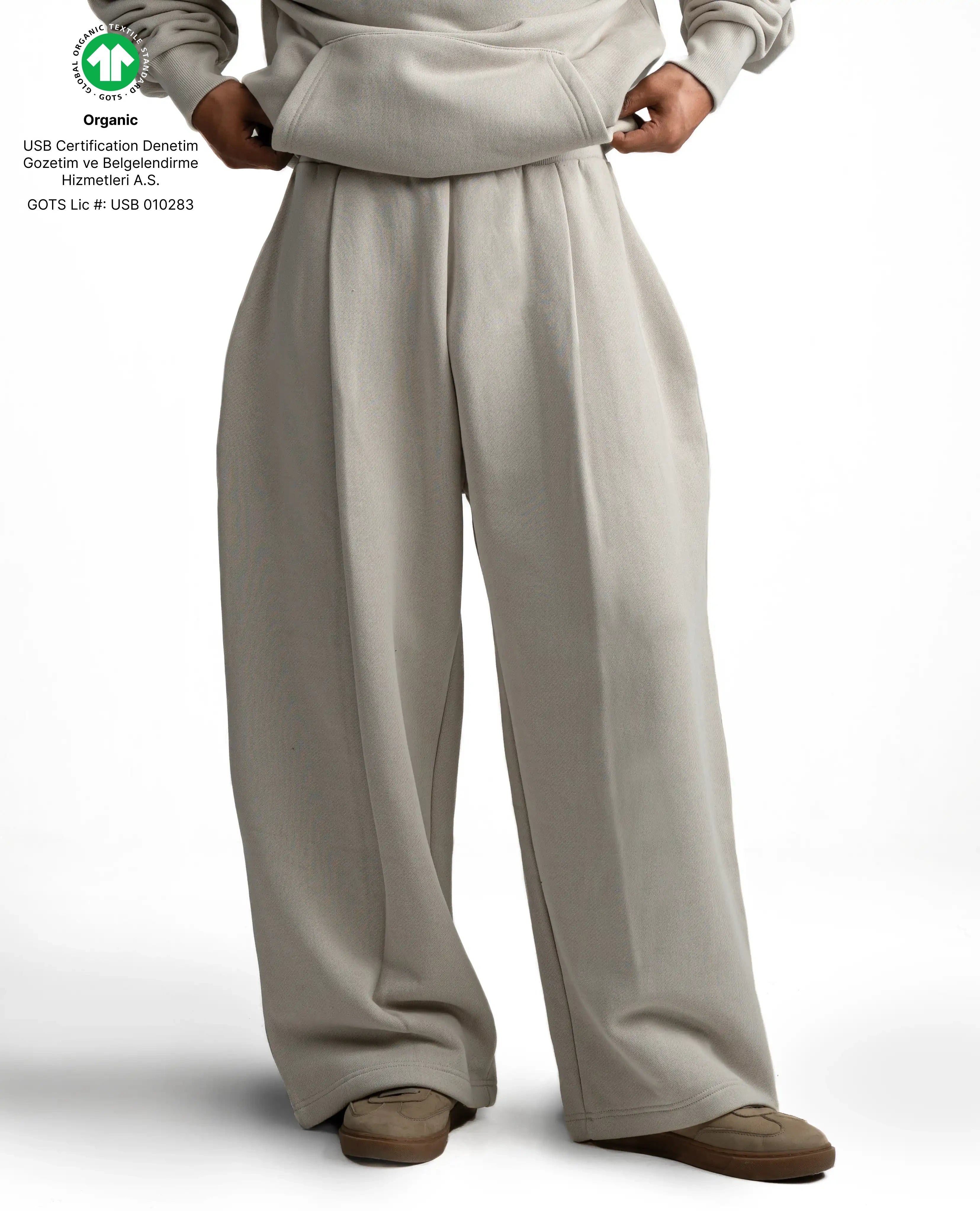 Y33 Designer Pleated Organic Sweatpants — 520GSM, Baggy Oversized, Smokey Taupe