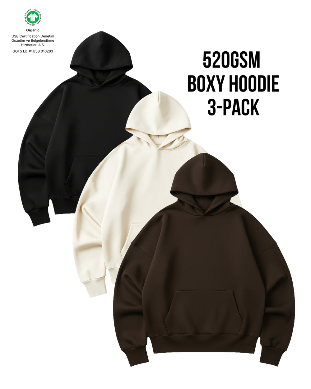 3-Pack, Premium Heavy 520GSM Organic Hoodies, Mellow