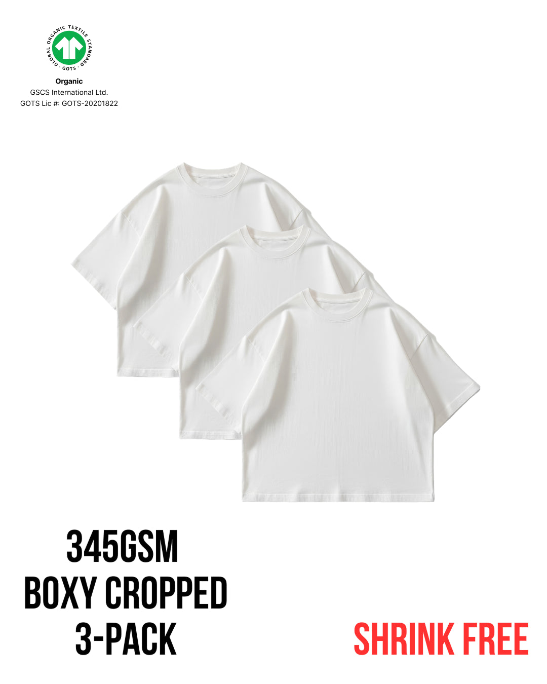 TP34 Boxy Cropped 3-Pack, Heavy 345GSM Organic Cotton - White