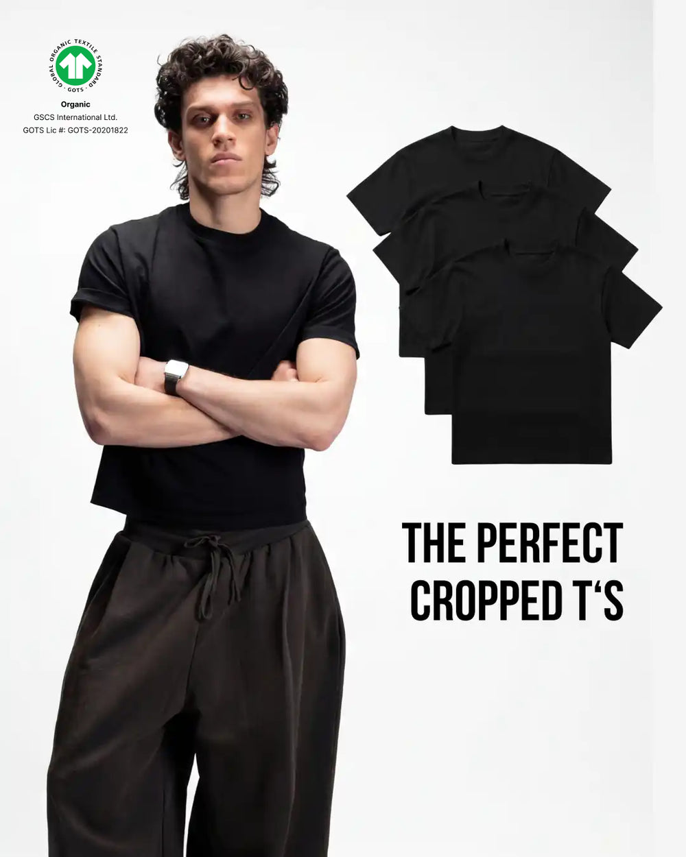 S32 Organic Standard Fit Cropped Tees, Black 3-Pack