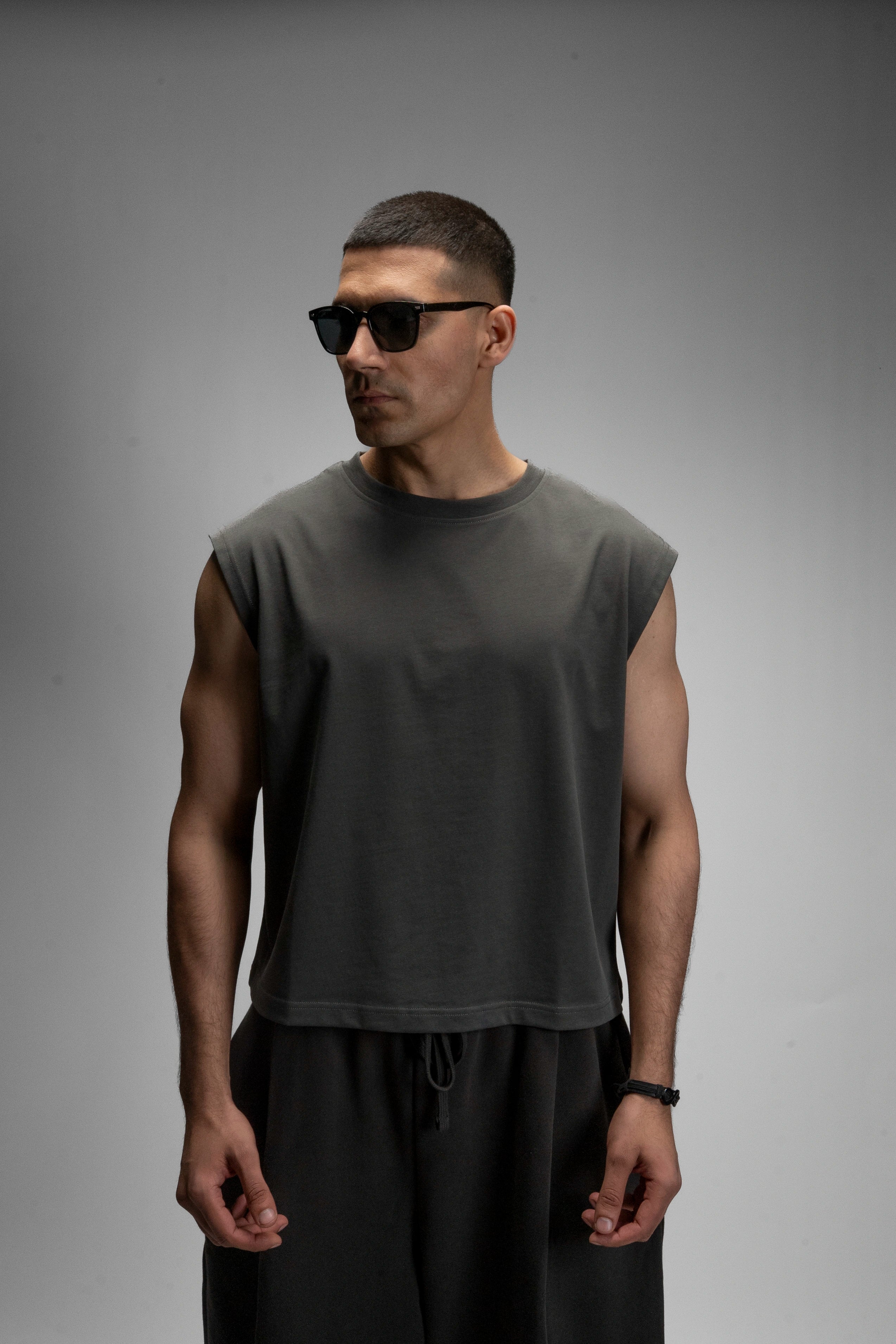 S22 Cropped Sleeveless Shirt Unisex — 220 GSM Organic Cotton -Volcanic Ash
