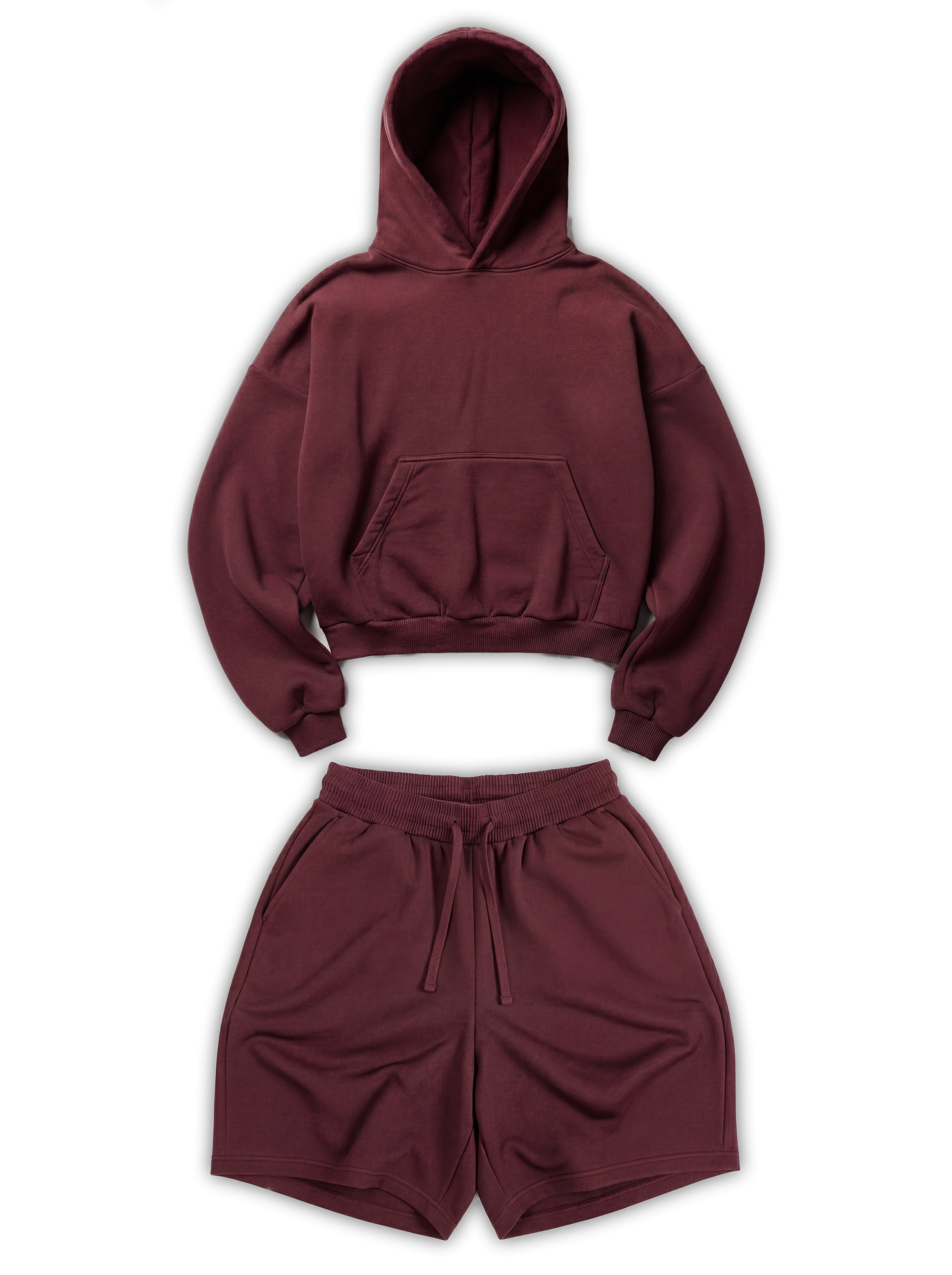 Athletic Z25 Cropped Hoodie & Z24 Baggy Shorts 530GSM Organic Fleece-Back Jersey, Maroon [Pre-order. March 26th]
