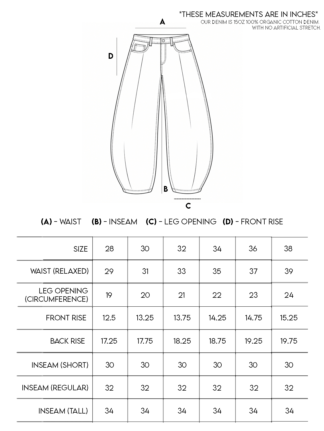 D01 · Basalt · 15 oz Organic Barrel Cut Denim (PREORDER)- NOV 15TH size chart
