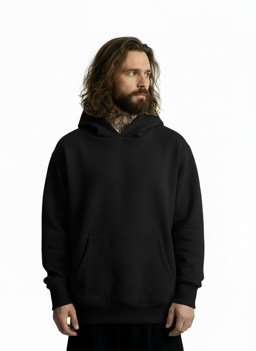 CX27 Standard-Fit Hoodie 500 GSM Custom French Terry, Organic Cotton, Midnight Black [IN STOCK]