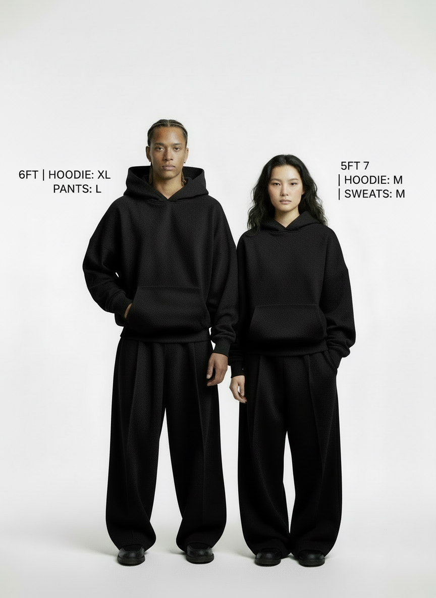 Ultra Heavy 520GSM GOTS Organic Hoodie+Baggy Pleat Sweats Midnight Black