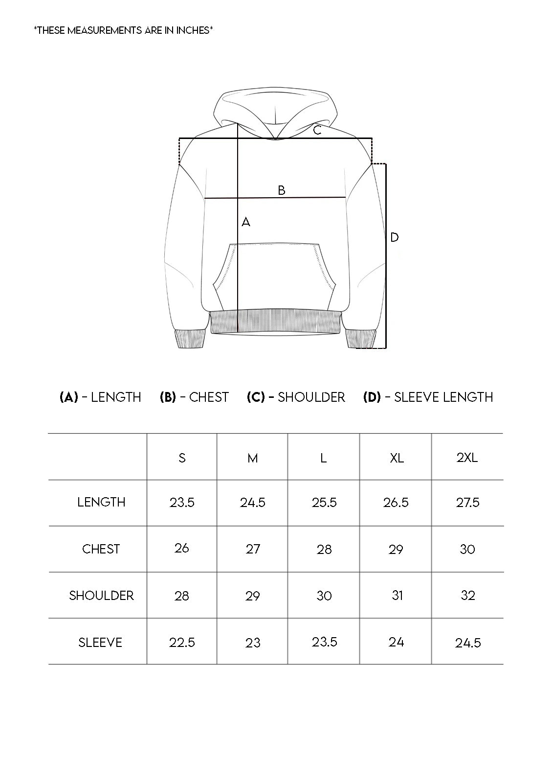 Z25 Cropped Hoodie, Midnight Black — 530GSM Organic Brushed Jersey Fleece-back size chart