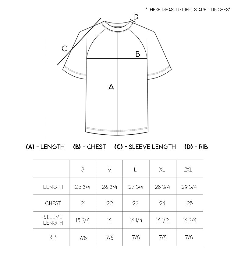 R32 Premium 220GSM Organic Cotton Raglan Tee – Vintage size chart