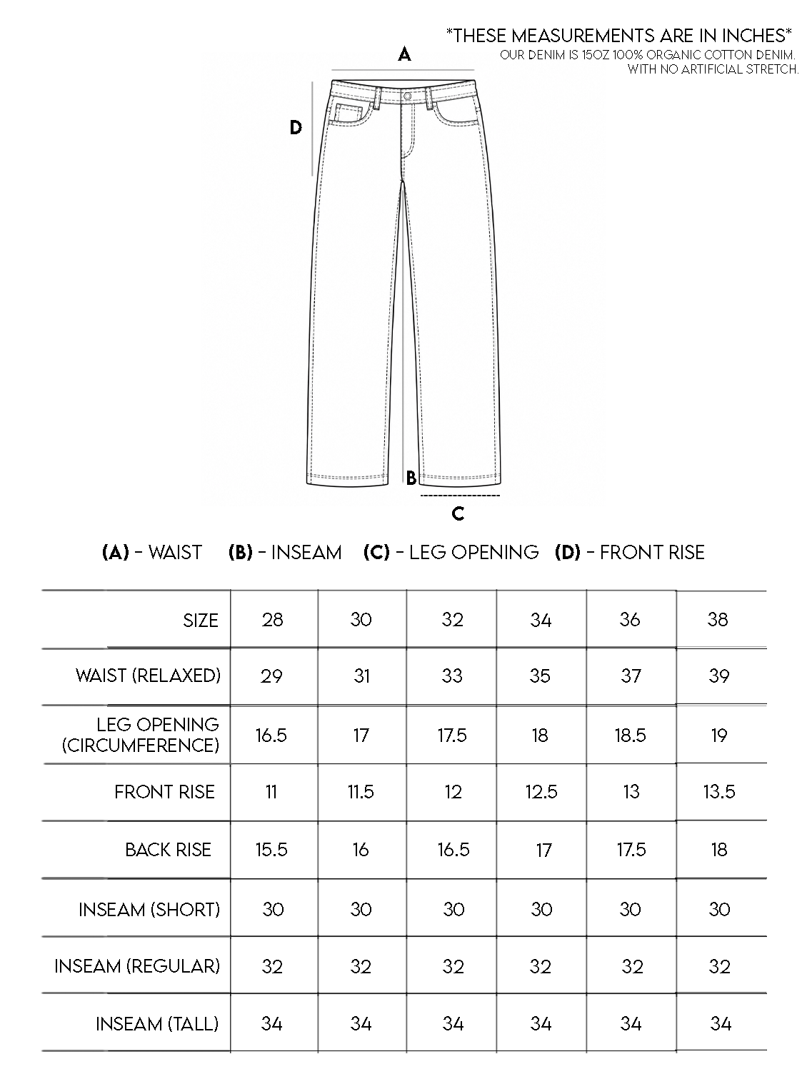 D02 · Basalt · 15 oz Organic Straight Cut Denim (PREORDER)- NOV. 15TH size chart