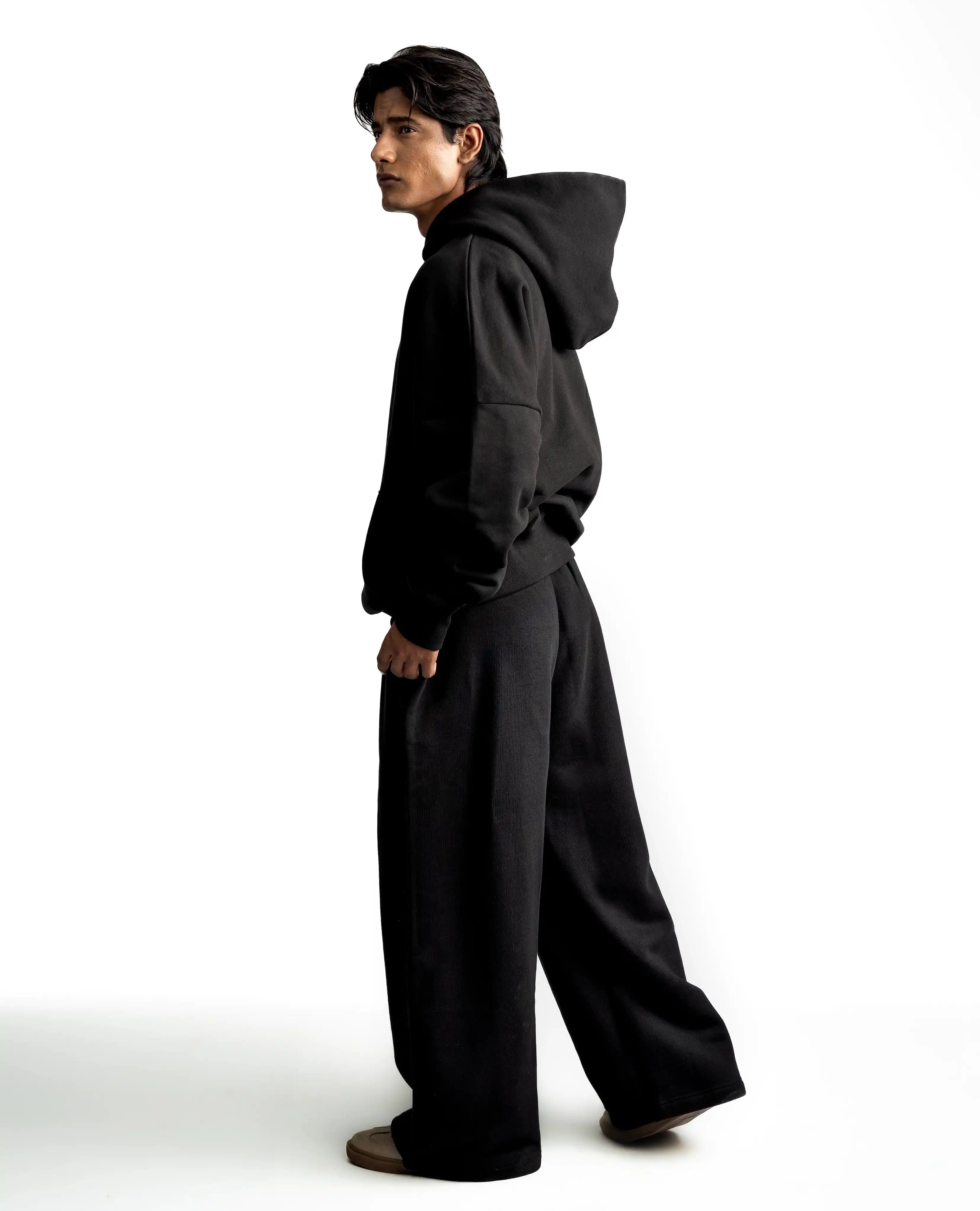 Y33 Designer Pleated Organic Sweatpants - 520GSM, Baggy Oversized, Midnight Black [Pre-Order]
