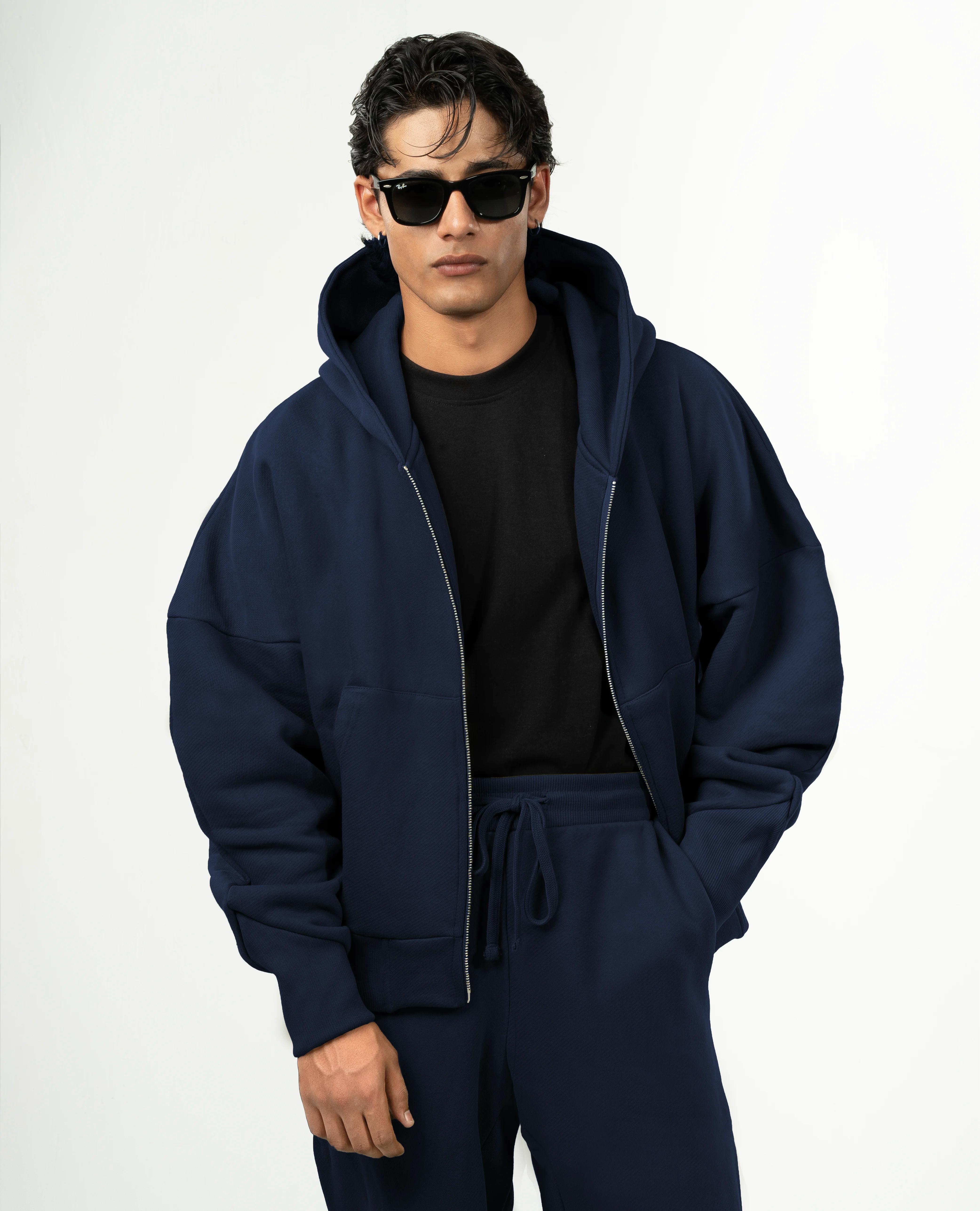 Y30 Ultra Heavy Organic Double Zip hoodie, Deep Navy Blue