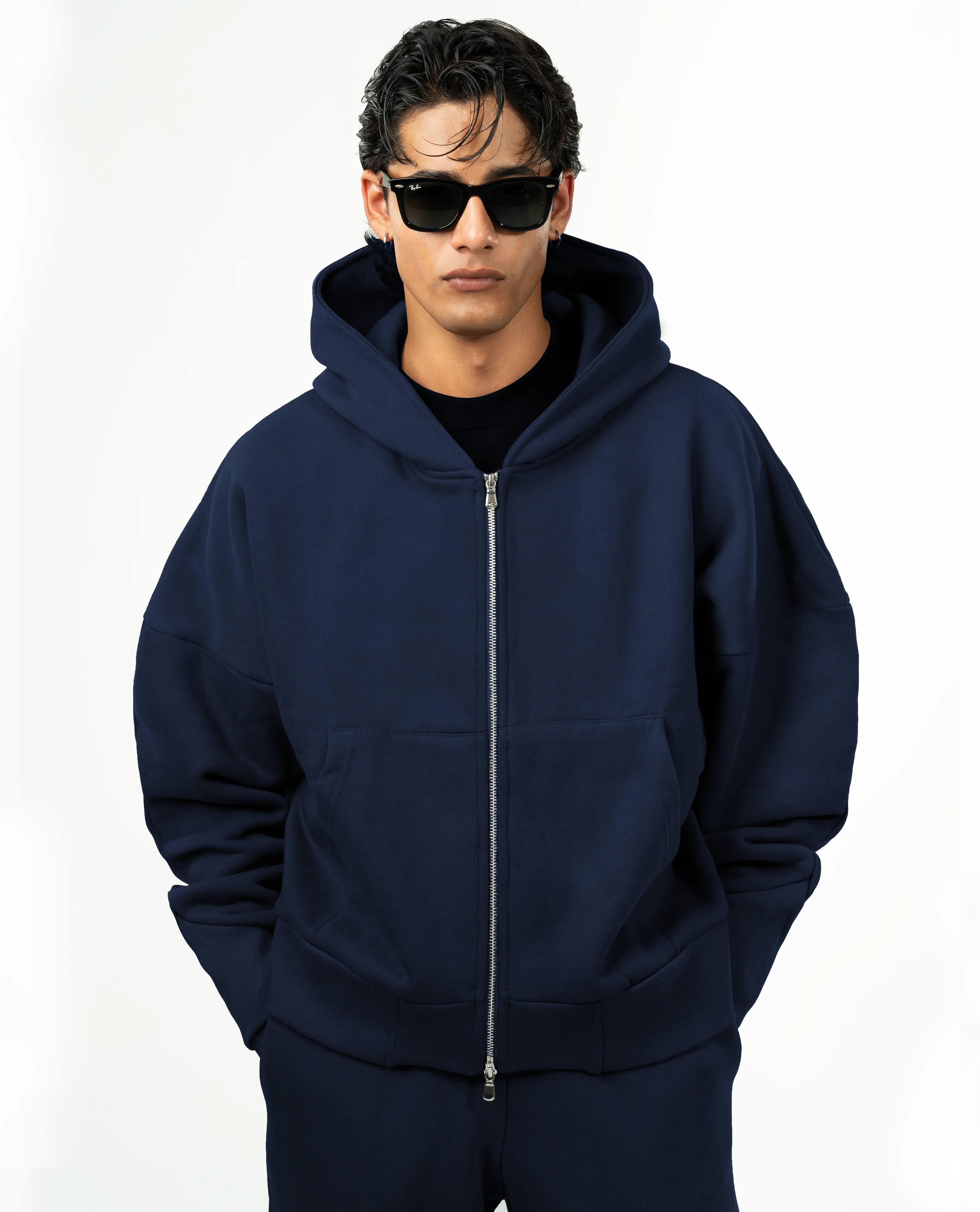 Y30 Ultra Heavy Organic Double Zip hoodie, Deep Navy Blue