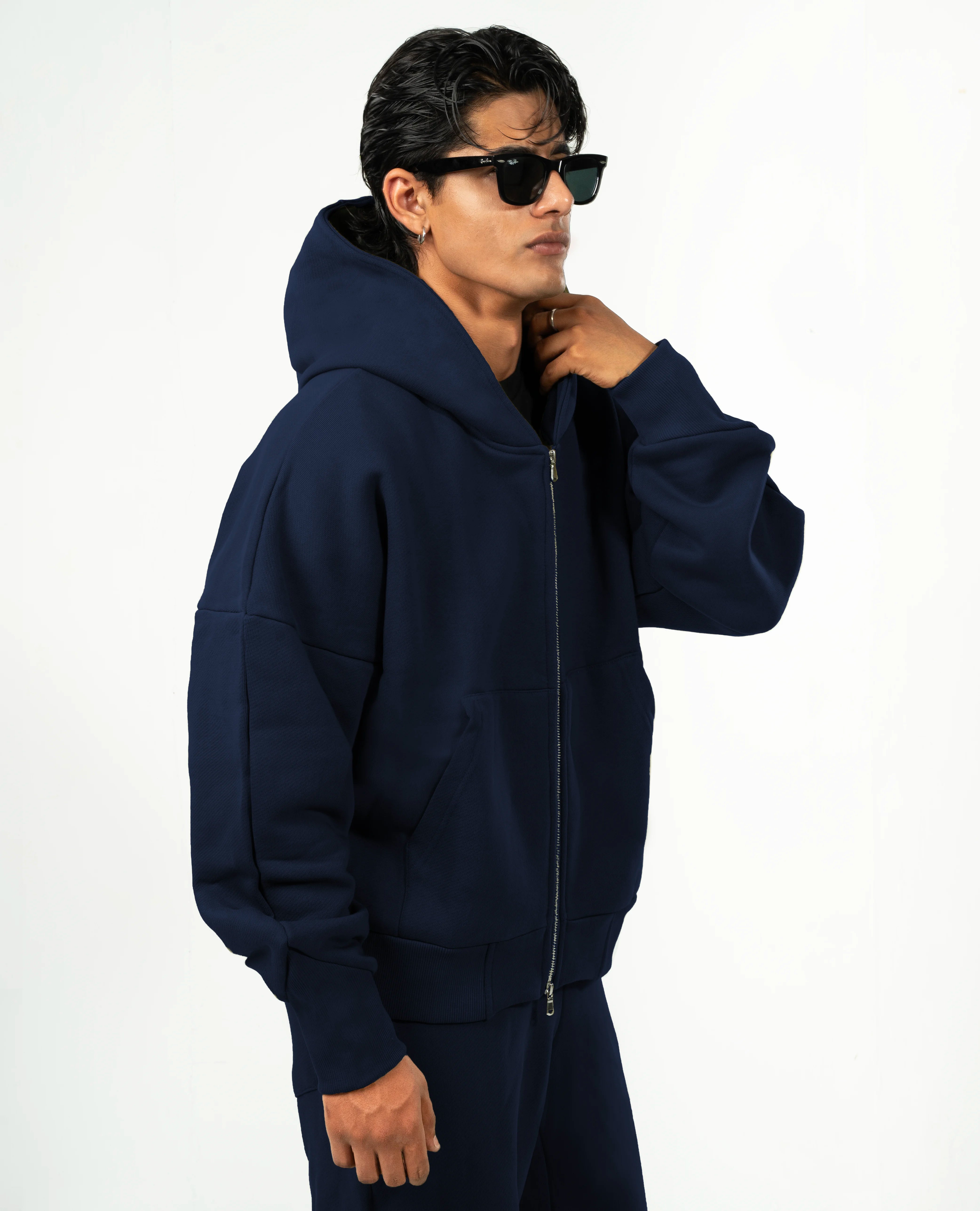 Y30 Ultra Heavy Organic Double Zip hoodie, Deep Navy Blue