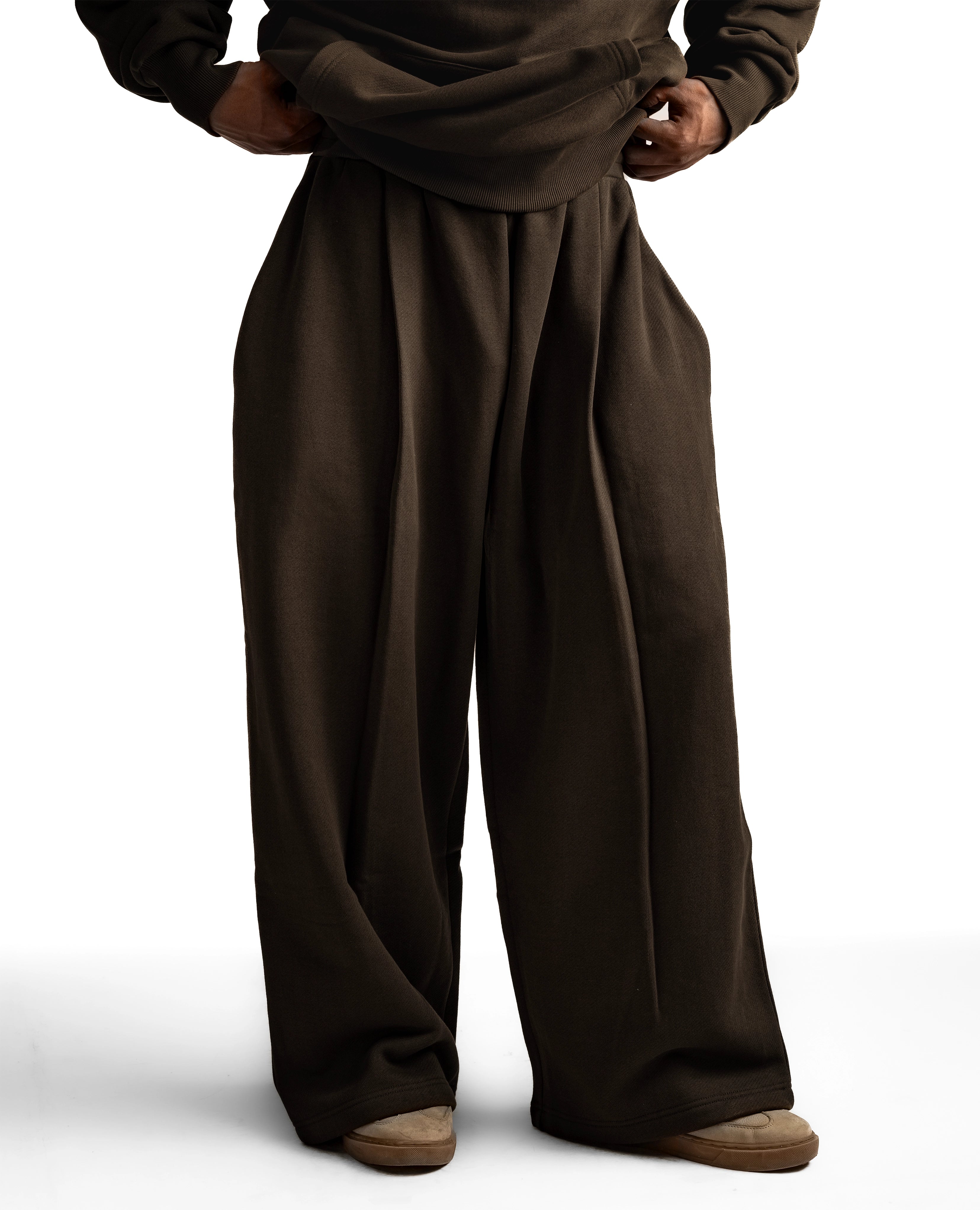 Y33 Designer Pleated Organic Sweatpants — 520GSM, Baggy Oversized, Mocha Brown