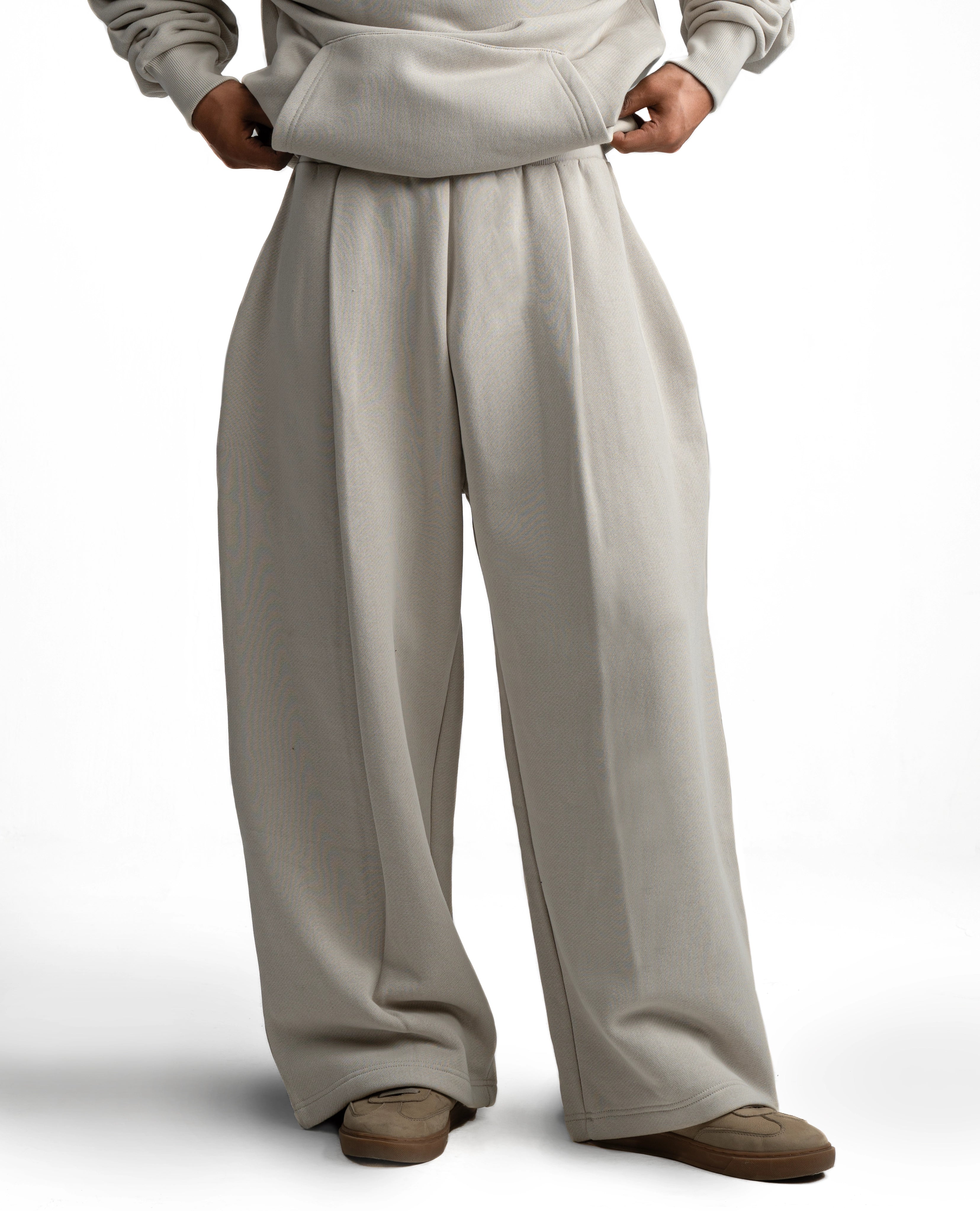 Y33 Designer Pleated Organic Sweatpants — 520GSM, Baggy Oversized, Smokey Taupe