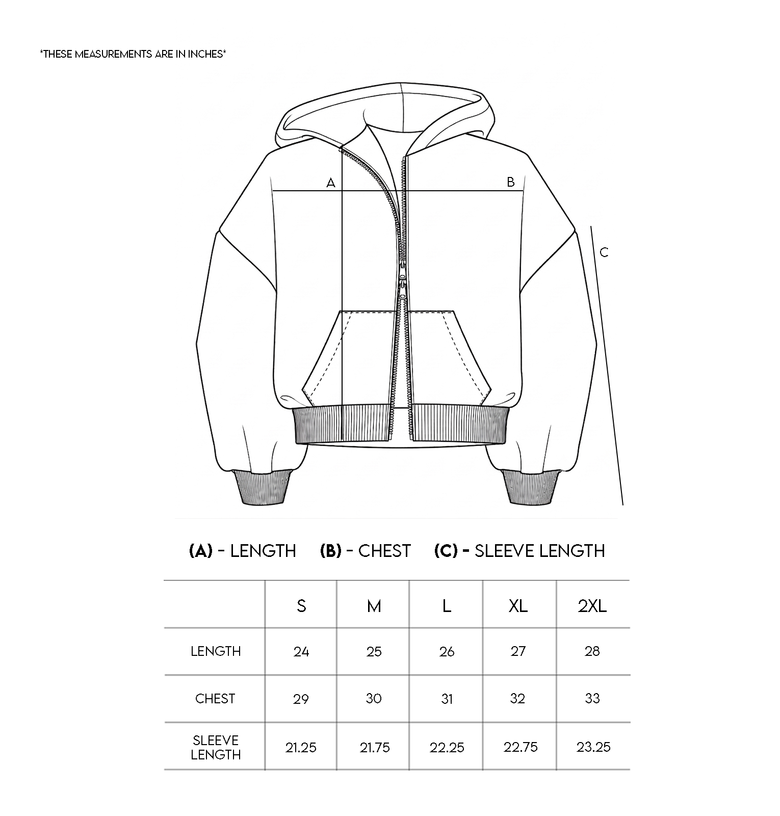 Heavy Pima Fleece Cropped Zip - Underworld (PREORDER) size chart